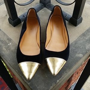 J. Crew Amelia black velvet & gold cap-toe flats